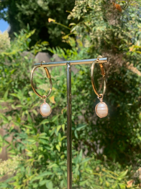 Pearl Charm Hoops (Gold)