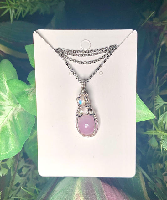 Pink Kunzite & Rainbow Moonstone Silver Pendant (Round)