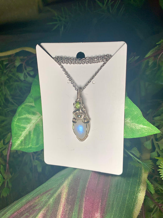 Rainbow Moonstone & Peridot Silver Pendant (Teardrop)